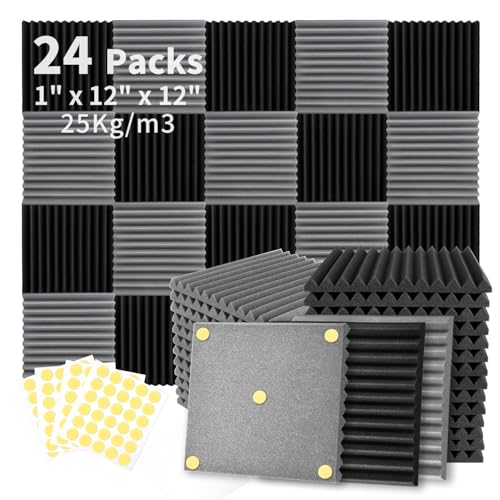 Focusound 24 Pack Black Grey Acoustic Foam Panels 1" x 12" x 12" Sound Proof Foam Panles Soundproofing Noise Cancelling Wedge