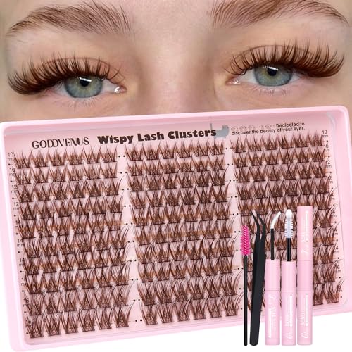 Goddvenus Brown Wispy Eye Lash Clusters Kit Natural Cluster Eyelash Extensions Kit False Eyelash Clusters Fluffy DIY Individu