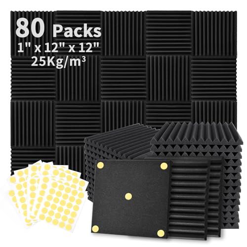 Focusound 80 Pack Acoustic Foam Panels 1" x 12" x 12" Sound Proof Foam Panles Soundproofing Noise Cancelling Wedge Panels for
