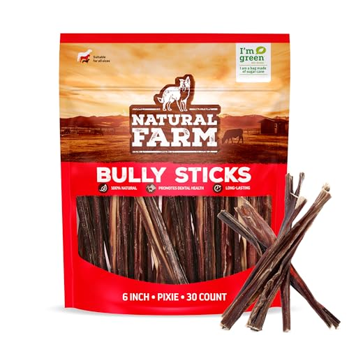 Natural Farm Pixie Bully Sticks (6 Inch, 30 Pack), Thin Pizzle Beef Treats, Grain-Free, High Protein, Best Rawhide Alternativ