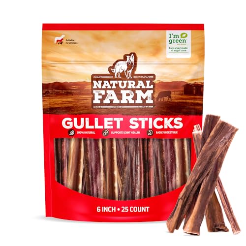 Natural Farm Gullet Sticks Chews for Dogs, 6 Inch (25 Count), Single Ingredient Jerky Esophagus Treats, Rawhide-Free Natural 