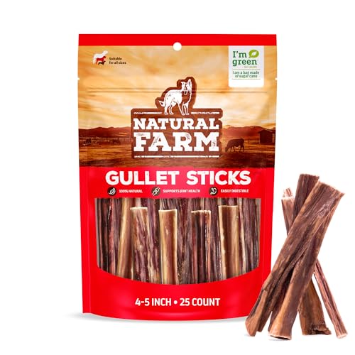 Natural Farm Gullet Sticks (4-5 Inch, 25 Pack), Grain-Free, Preservative-Free & Fully Digestible Beef Esophagus – Gentle Yet 