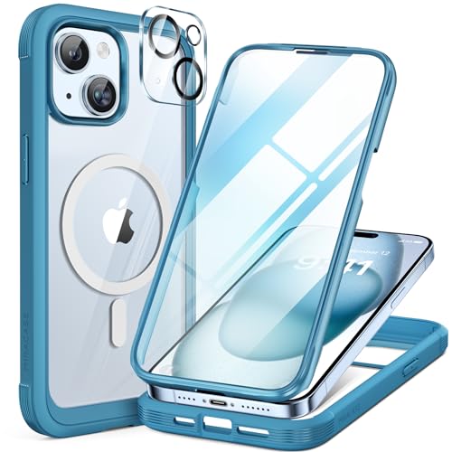 Miracase Glass Series for iPhone 15 Case [Compatible with MagSafe] Full-Body Magnetic Bumper Case with Built-in 9H Tempered G