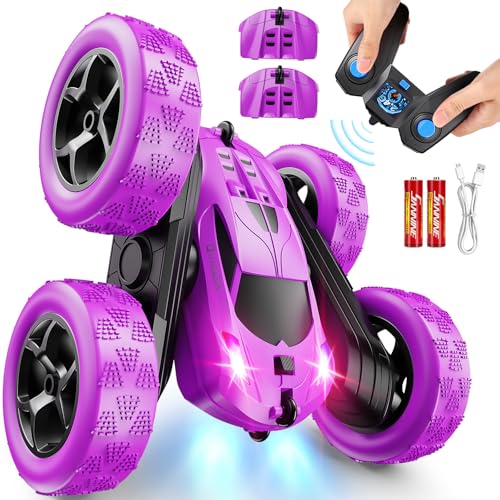 QUNREDA RC Cars, Purple Remote Control Car for Girls, 2.4 GHZ Double Sided RC Stunt Car 360° Rotating Remote Control Crawler 