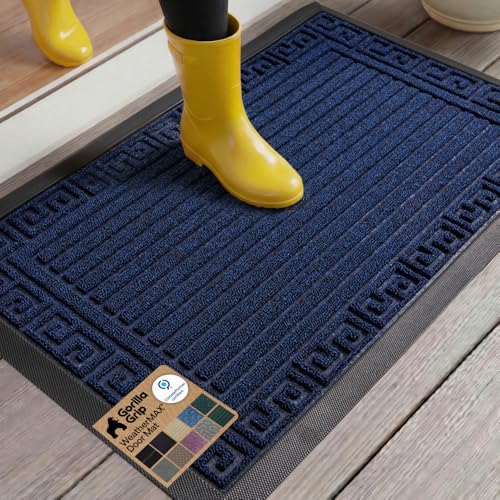 GORILLA GRIP WeatherMAX Door Mat, Indoor Outdoor, 29x17, Navy Greek Keys