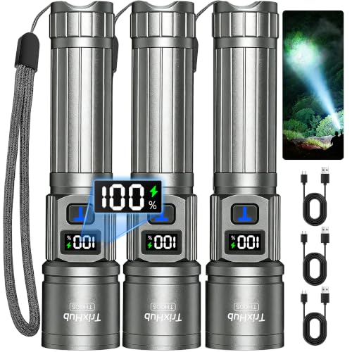 TrixHub Rechargeable Flashlight Super Bright Flashlight 3 Pack (Titanium)