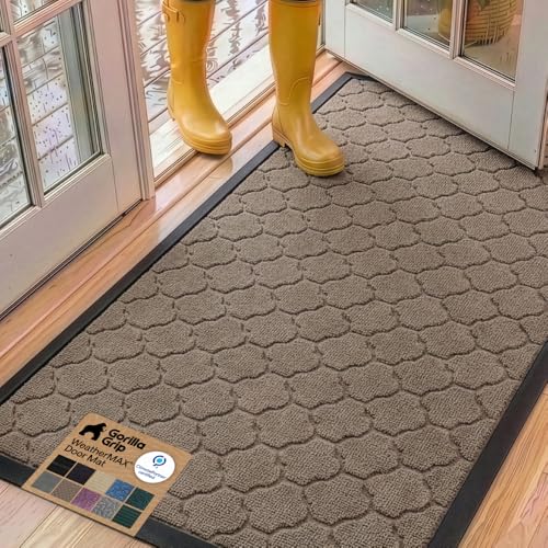 GORILLA GRIP WeatherMAX Door Mat, Indoor Outdoor, 60x24, Beige Quatrefoil