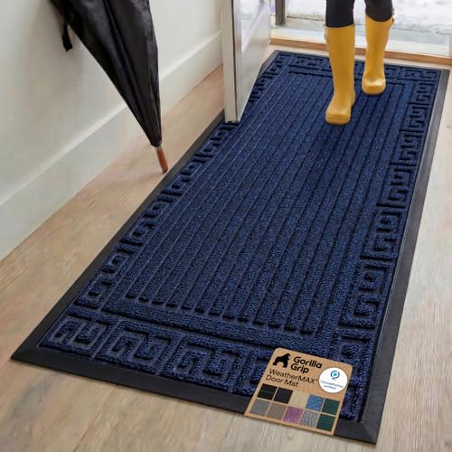 GORILLA GRIP WeatherMAX Door Mat, Indoor Outdoor, 72x24, Navy Greek Keys