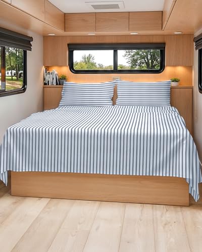 Short Queen Size 4 Piece Bed Sheet Set - RV Short Queen - Blue Stripes