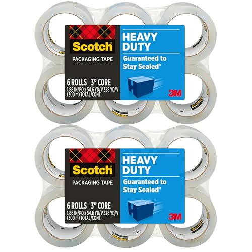 Scotch Heavy Duty Shipping Packaging Tape 3850, Clear, 1.88 in x 54.6 yd (48 mm x 50 m), 12 Pack (12 Rolls), 3.0 Mil Box Seal