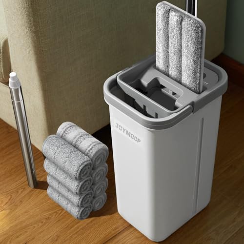 JOYMOOP Flat Mop and Bucket Set, White Microfiber Flat Mop System, Hands-Free Floor Cleaning Kit, 8 Washable Microfiber Pads,