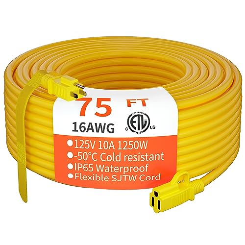 HUANCHAIN Indoor Outdoor Yellow Extension Cord 75 FT Waterproof 16/3 Gauge