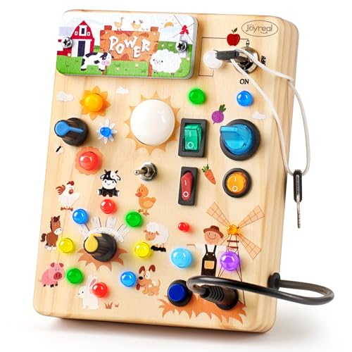 Joyreal Montessori Busy Board Wooden Sensory Toys for Toddler with LED Light Up Switch, Baby Fidget Board Travel Toys for 18+
