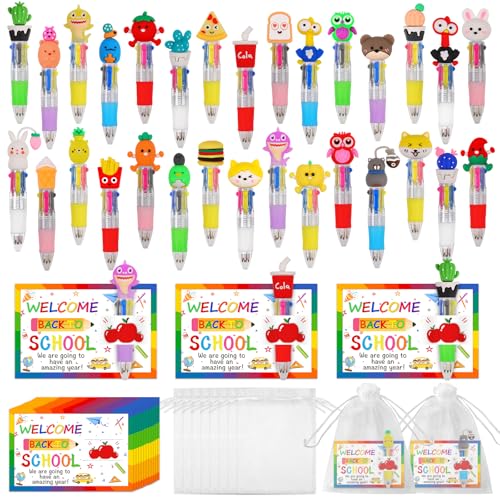 CZWZ 30 Set Cute Multicolor Pens in One 4-in-1 Fun Pens Bulk with 30 Gift Cards for Kindergarten Party Welcome Back To School