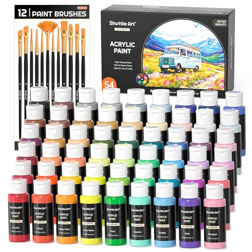 54 Colors Acrylic Paint, Shuttle Art Acrylic Paint set with 12 Paint Brushes, 2oz/60ml Bottles, Rich Pigmented, Water Proof, 