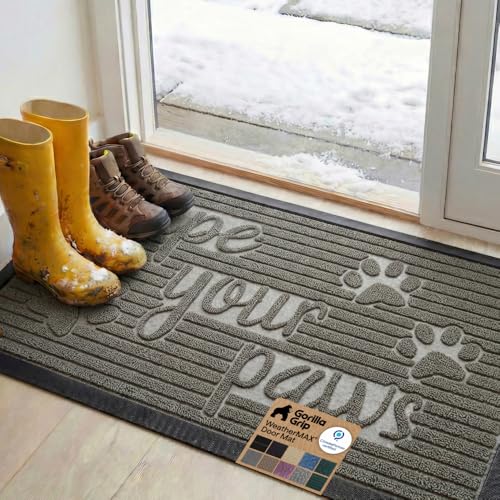GORILLA GRIP WeatherMAX Door Mat, Indoor Outdoor Use, 47x35, Gray Paw