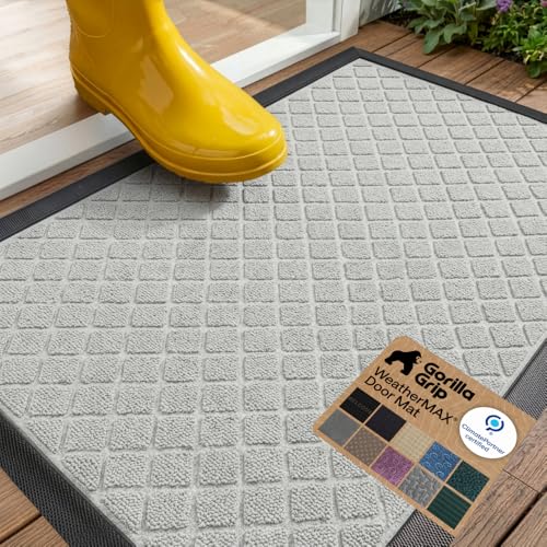 GORILLA GRIP WeatherMAX Door Mat, Indoor Outdoor, 29x17, Light Gray Lattice