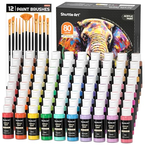 Shuttle Art 80 Colors Acrylic Paint, Acrylic Paint set with 12 Paint Brushes, 2oz/60ml Bottles, Rich Pigmented, Premium Paint