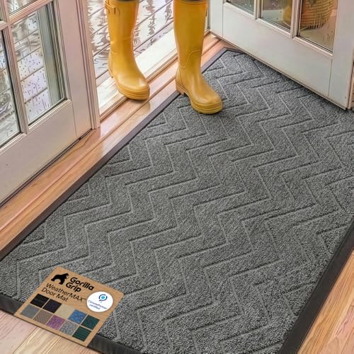 GORILLA GRIP WeatherMAX Door Mat, Indoor Outdoor, 60x24, Charcoal Chevron