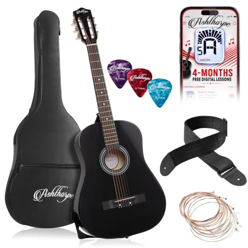 Ashthorpe 38-inch Beginner Acoustic Guitar (Black), Starter Kit with Gig Bag, Extra Strings, Strap, Picks, and Lessons