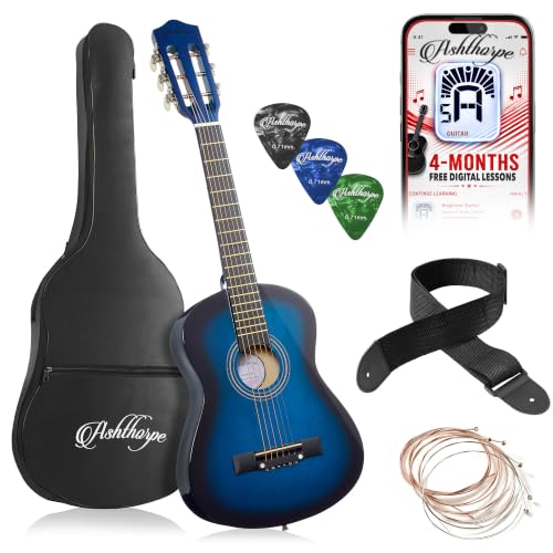 Ashthorpe 30-inch Kids Acoustic Guitar (Blue), Beginner Starter Kit with Gig Bag, Extra Strings, Strap, Picks, and Lessons