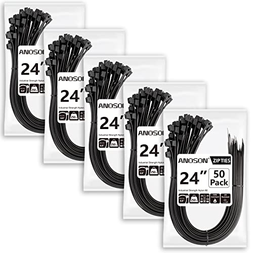 Large Zip Ties Heavy Duty Outdoor 24 inch (250 Pack), Heavy Duty Zip Ties 220 lbs, Black, by ANOSON