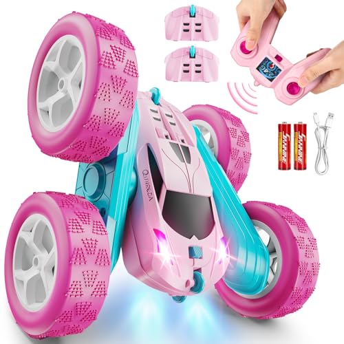 QUNREDA RC Cars, Pink Remote Control Car for Girls, 2.4 GHZ Double Sided RC Stunt Car 360° Rotating Remote Control Crawler wi