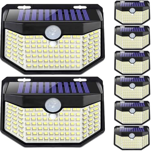 HMCITY 120 LED Outdoor Solar Lights with Motion Sensor and 3 Lighting Modes, IP65 Waterproof Wide Solar Wall Lights Ideal for