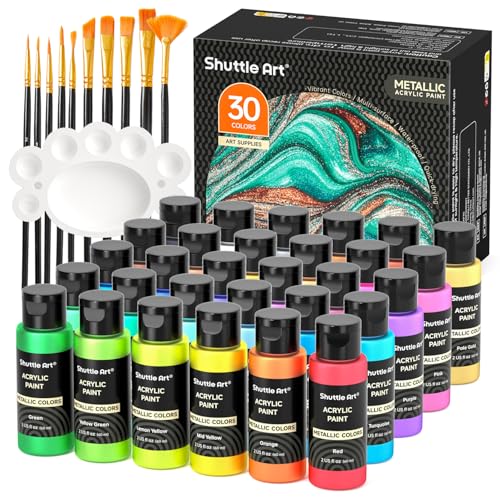 Shuttle Art 30 Colors Metallic Acrylic Paint, Artist Grade Metallic Paint in Bottles (60ml, 2oz), Rich Pigmented, High Viscos