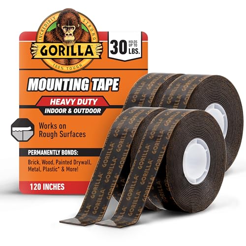 GORILLA Heavy Duty Double Sided Mounting Tape, Black Tape, 1" x 120" (Pack of 4) - Weatherproof for Indoor or Outdoor