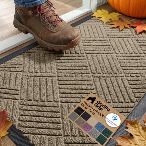 GORILLA GRIP WeatherMAX Door Mat, Indoor Outdoor Use, 29x17, Beige Diamond