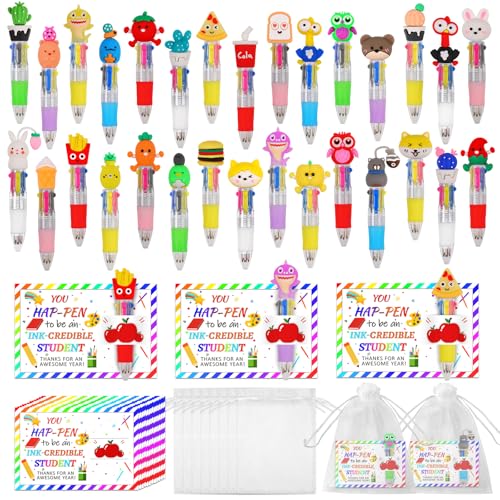 CZWZ 30 Set Cute Multicolor Pens in One 4-in-1 Fun Pens Bulk with 30 Gift Cards for Kindergarten Party End of Year Student Gi