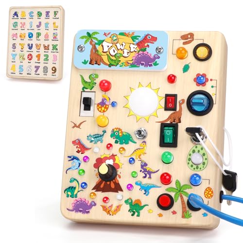 Iabedi Dinosaur Busy Board, Wooden Toddler Toy, Sensory Travel Toy, Ideal Gift for 1-3 Years Old Boys (Dinosaur Busy Board Pl