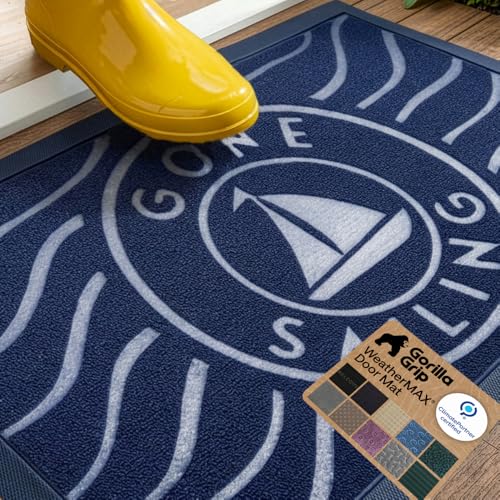GORILLA GRIP WeatherMAX Door Mat, Indoor Outdoor Use, 35x23, Navy Sailboat