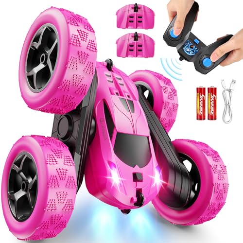 QUNREDA RC Cars, Rose Remote Control Car for Girls, 2.4 GHZ Double Sided RC Stunt Car 360° Rotating Remote Control Crawler wi