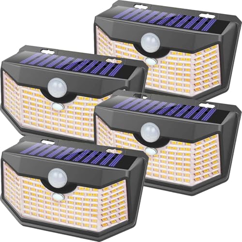 HMCITY 120 LED Solar Lights Outdoor Motion Sensor, 4 Pack, Black Warm