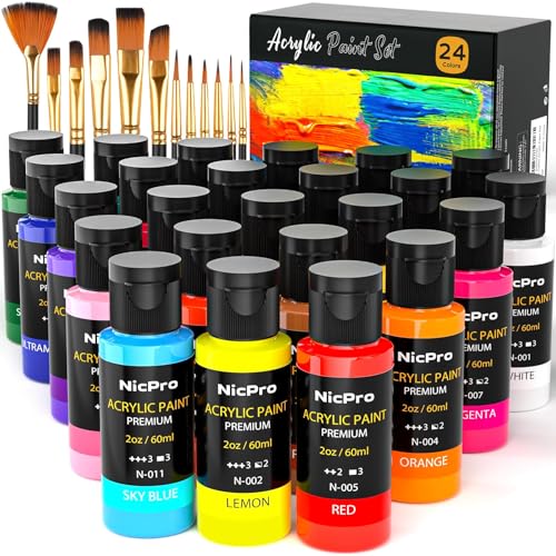 Nicpro Acrylic Paint Set 24 Colors 2oz with 12 Brushes & Palette