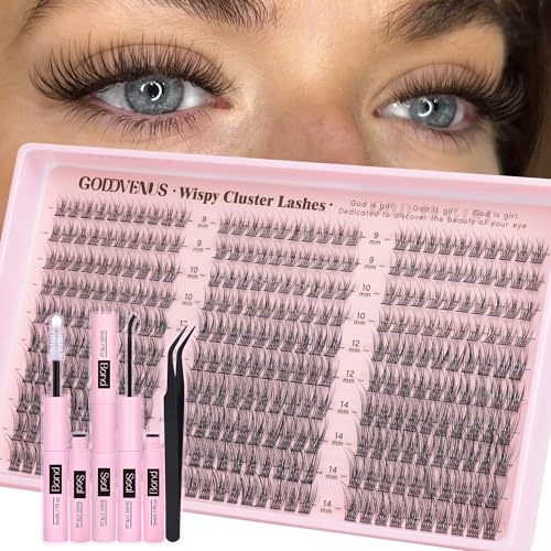 Goddvenus Lash Clusters Kit 9-14mm Wispy Eyelash Clusters Lashes Natural DIY Lash Extension Kit Short Cluster Eyelash Extensi