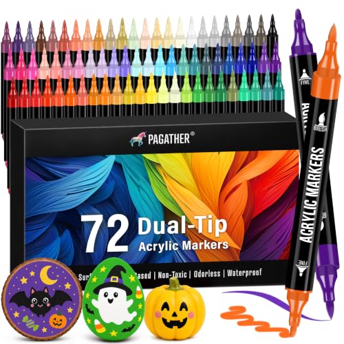 Pagather Acrylic Paint Markers, 72 Colors Dual Tip Fine & Brush Pens Set