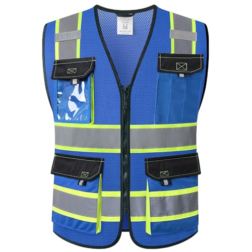 JKSafety Safety Vest for Men Women Hi Vis Reflective Vest JK220 Blue L