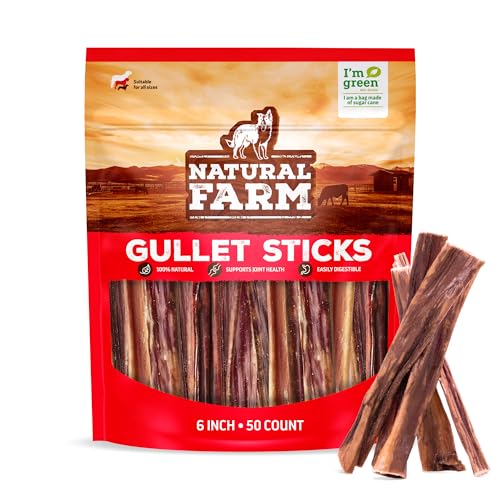 Natural Farm Gullet Sticks (6 Inch, 50 Pack) - One Ingredient Beef Esophagus Chews - Fully Digestible, Promotes Joint & Denta