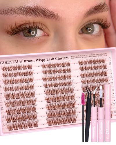Goddvenus Brown Wispy Lash Clusters Kit Natural Cluster Eyelash Extensions Kit False Eyelashes Clusters Fluffy DIY Individual