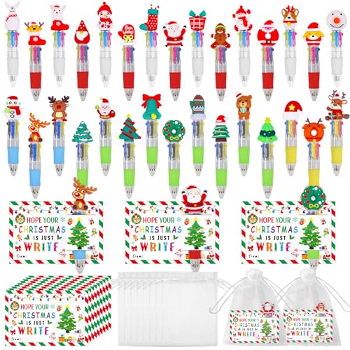 CZWZ 30 Set Cute Multicolor Pens in One 4-in-1 Fun Pens Bulk with 30 Gift Cards for Kindergarten Party Christmas Student Gift