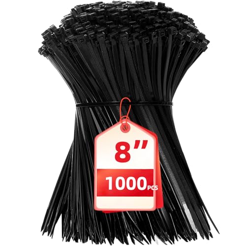 Zip Ties 8 inch, 1000 Pack Black Zip Ties, Self-Locking Nylon Cable Ties with 40 lbs Tensile Strength,Wire Ties for indoor an