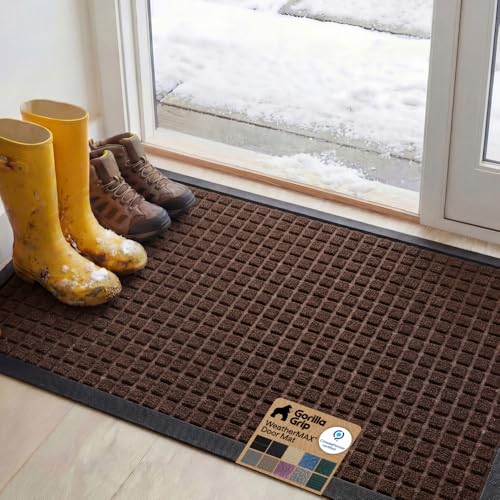 GORILLA GRIP WeatherMAX Door Mat, Indoor Outdoor, 47x35, Dark Brown Squares