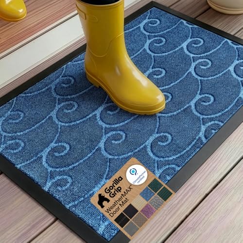 GORILLA GRIP WeatherMAX Door Mat, Indoor Outdoor, 35x23, Blue Ocean Waves