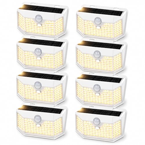HMCITY 120 LED Solar Lights Outdoor Motion Sensor, 8 Pack, White Warm