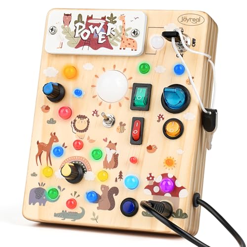 Joyreal Wooden Busy Board with LED Lights, Montessori Sensory Toys for Toddlers, Activity Fidget Board Travel Toys for Fine M