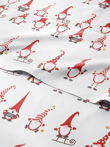 Christmas Sheet Set, Holiday Gnomes Red, Holiday Xmas Bedding Set - Queen