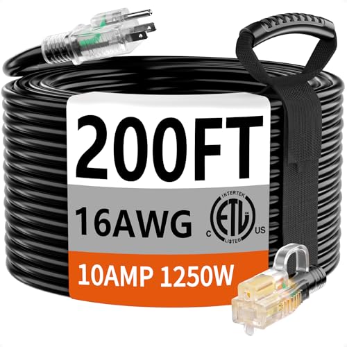 HUANCHAIN Indoor Outdoor Black Extension Cord 200 FT Waterproof 16/3 Gauge